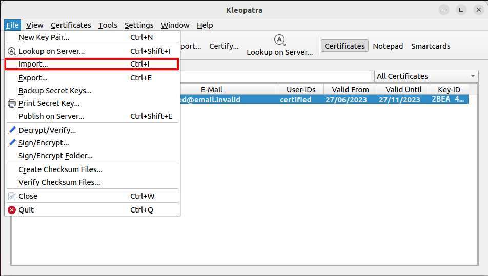 Снимок экрана, показывающий опцию «Импорт» для GNU Kleopatra.