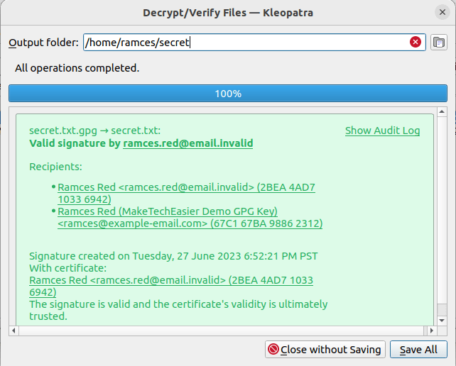 Снимок экрана, показывающий успешный процесс расшифровки файлов в GNU Kleopatra.