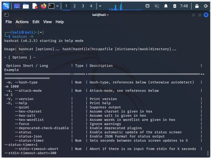 Установите Kali Linux 17. Запустите образец Hashcat.