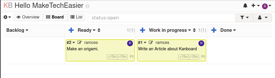 Скриншот рабочего экземпляра Kanboard.