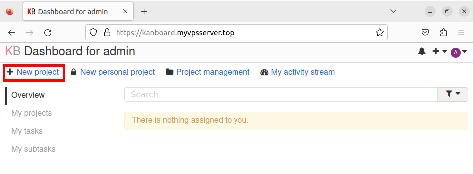Скриншот, на котором выделена ссылка «Новый проект» на сервере Kanboard.