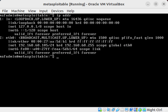 Установите Metasploit Linux 23. Проверьте IP-адрес виртуальной машины.