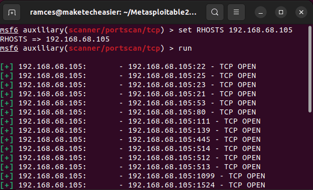 Установите Metasploit Linux 26. Запустите модуль сканирования портов.