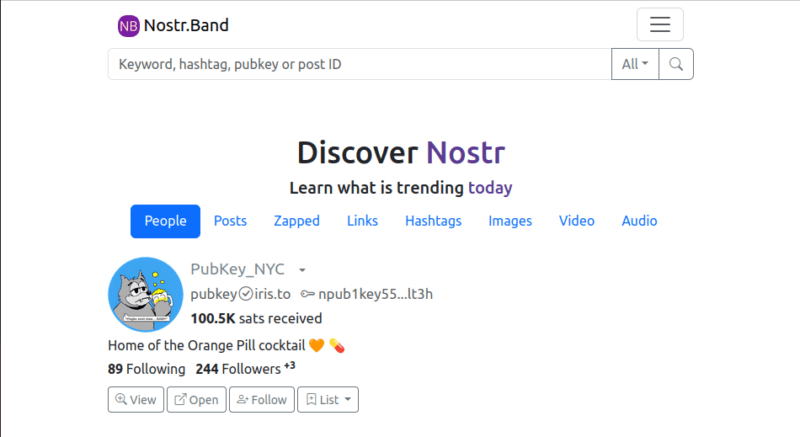 Скриншот целевой страницы Nostr.Band.