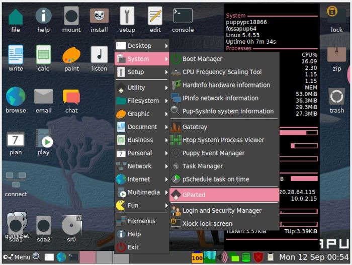 Установите Puppy Linux 08. Откройте Gparted.