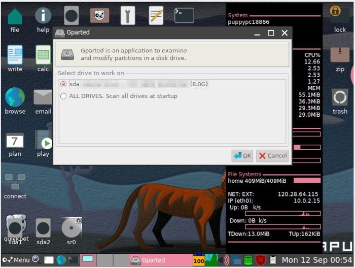 Установите Puppy Linux 09 Gparted Выберите диск