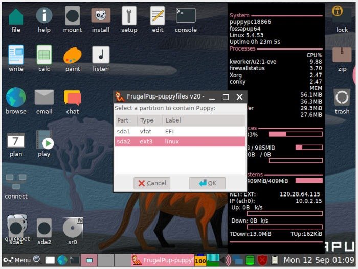 Установите Puppy Linux 21 Каталог установки набора Frugalpup