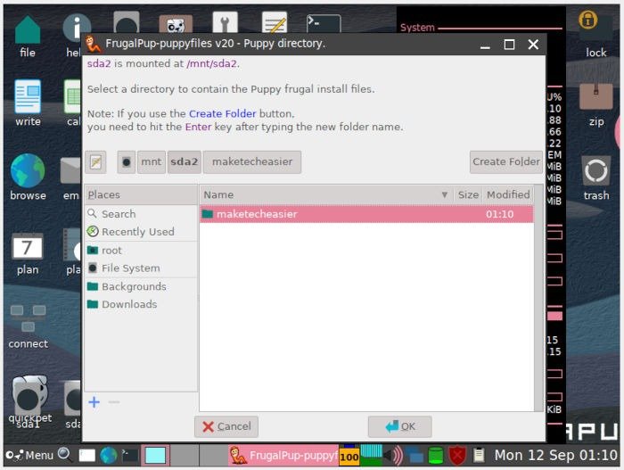 Установите Puppy Linux 22 Создать новую папку