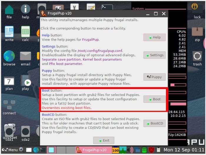 Установите кнопку загрузки Puppy Linux 23 Frugalpup