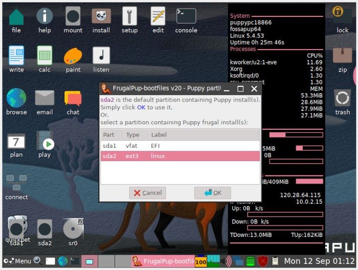 Установите Puppy Linux 24 Frugalpup Boot Найдите корневой раздел