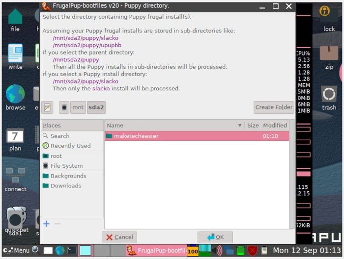 Установите Puppy Linux 25 Frugalpup Boot Найдите корневую папку
