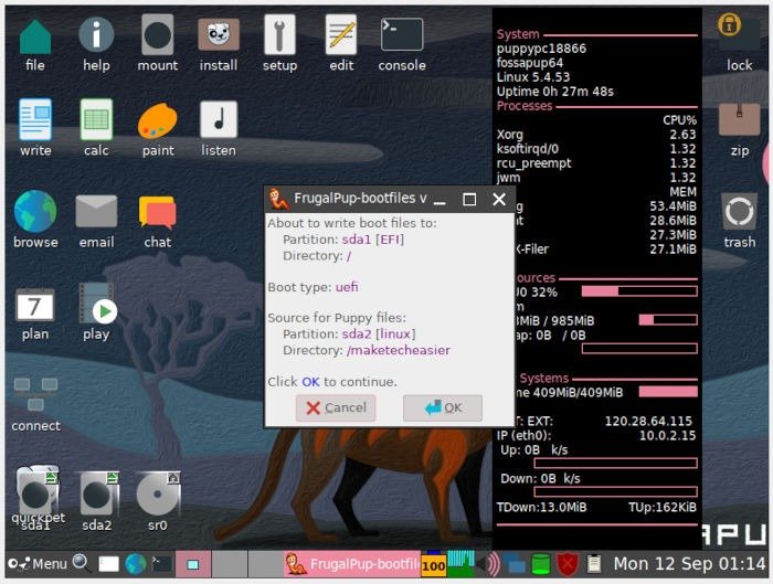 Установите Puppy Linux 27. Загрузите Frugalpup. Подтвердите изменения.