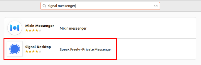 Снимок экрана, на котором показан клиент Signal Desktop в поисковой строке магазина Ubuntu.