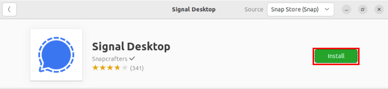 Снимок экрана, показывающий кнопку «Установить» на странице магазина Ubuntu в приложении Signal Desktop.