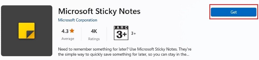 Нажмите кнопку «Получить» рядом со списком Sticky Notes в Microsoft Store.