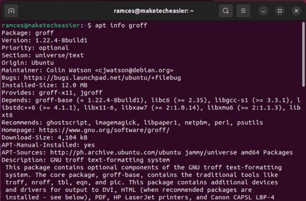 Окно терминала, в котором выполняется команда apt info для groff.