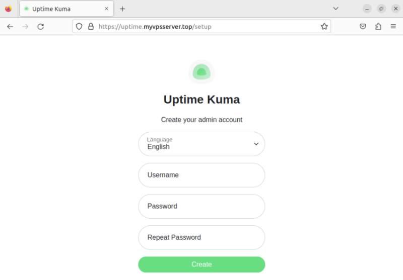 Снимок экрана, показывающий целевую страницу по умолчанию для Uptime Kuma.