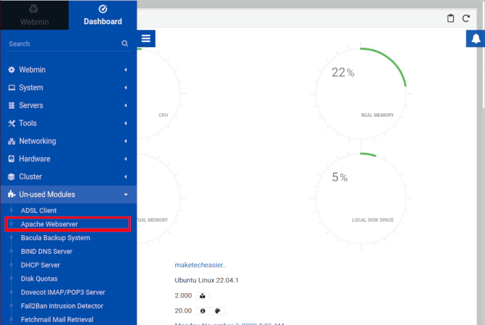 Установить Использование веб-сервера Webmin Linux 12 Apache