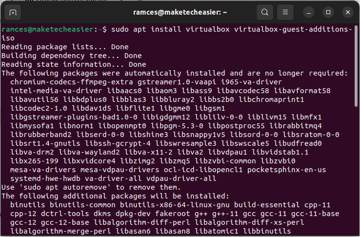 Окно терминала, показывающее процесс установки VirtualBox с использованием apt.