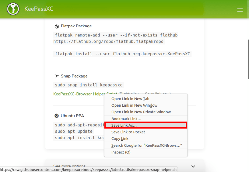 Снимок экрана, показывающий ссылку для загрузки вспомогательного сценария KeePassXC.