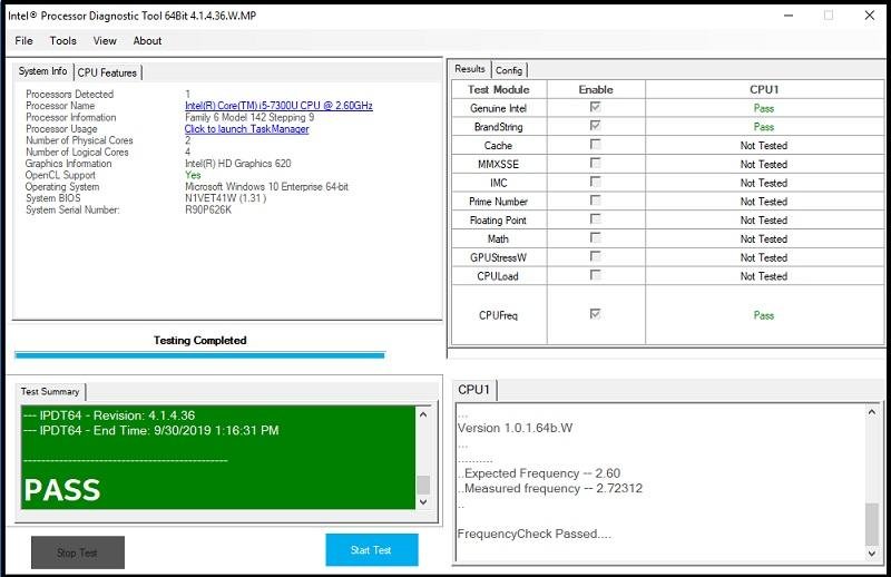 Интерфейс программы Intel Processor Diagnostic Tool.