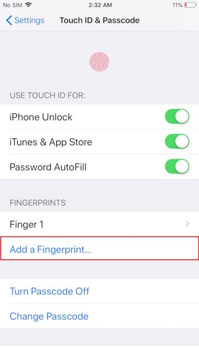 Функции конфиденциальности Iphone Настройки Добавить отпечаток пальца