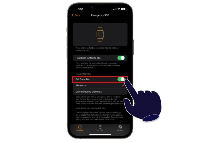 Переключатель обнаружения падения на часах Iphone