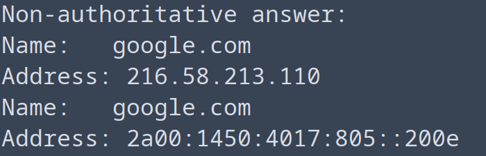 IPv6-адрес пограничного сервера Google из запроса NS Lookup.