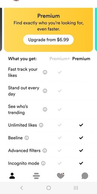 Список функций Bumble Premium внутри приложения.