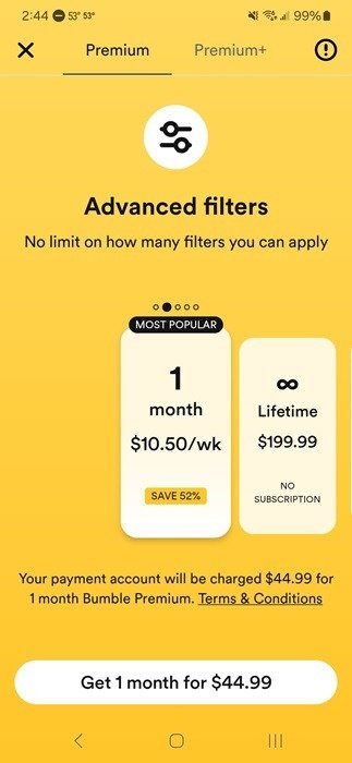 Планы Bumble Premium перечислены в приложении.