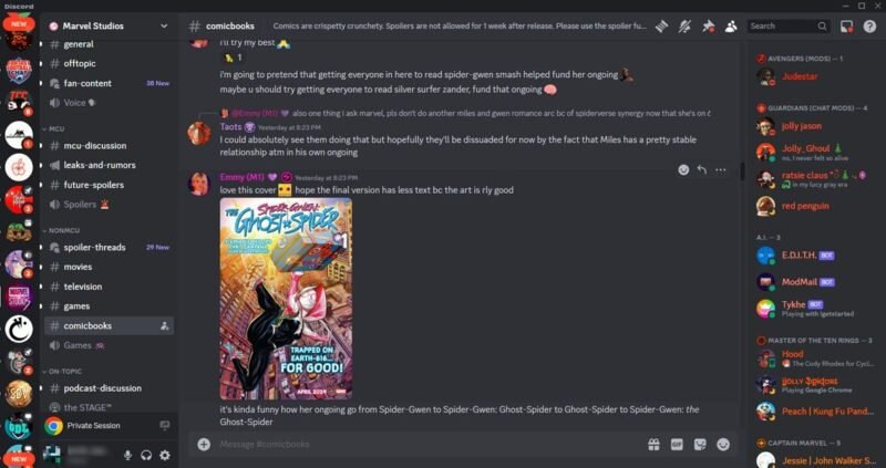 Просмотр сервера Marvel Studios в Discord.