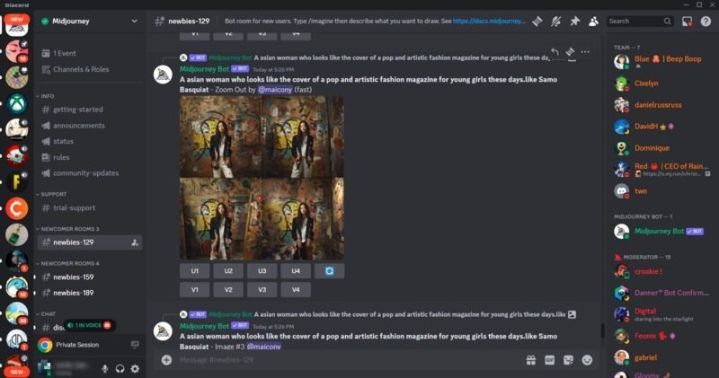 Просмотр сервера Midjourney в Discord.