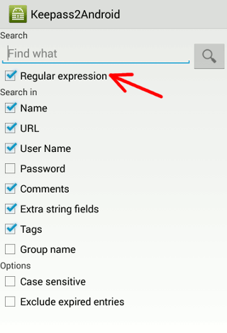 Keepass2android-поиск по регулярным выражениям