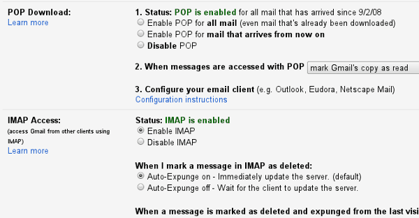 Настройки Gmail POP и IMAP