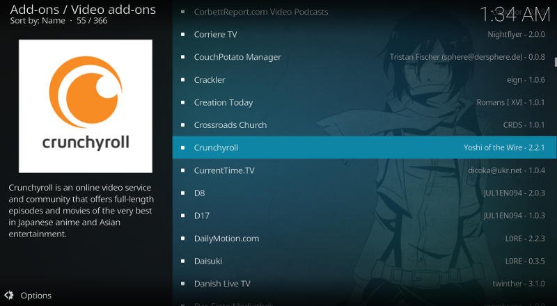 Дополнение Kodi Crunchyroll