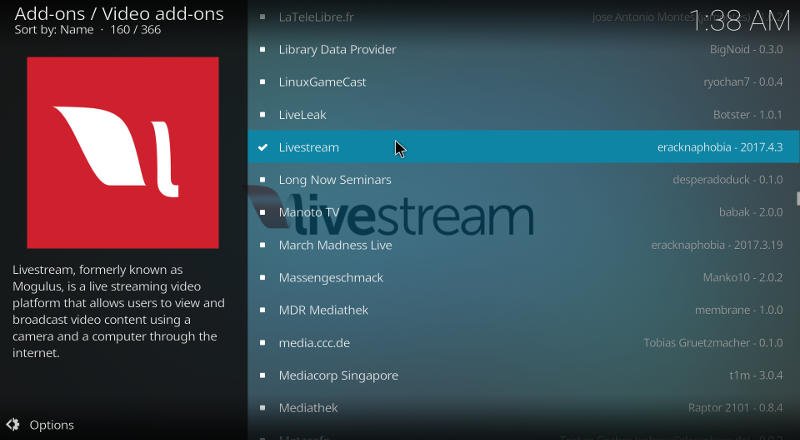 Дополнение Kodi Livestream