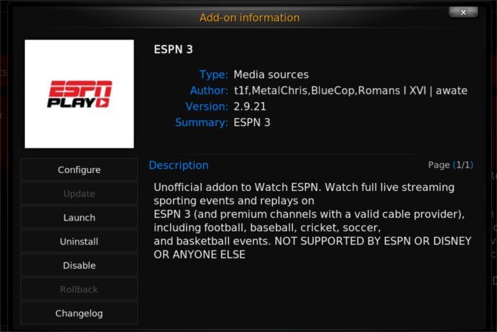 Kodi-sports-espn3-дополнение