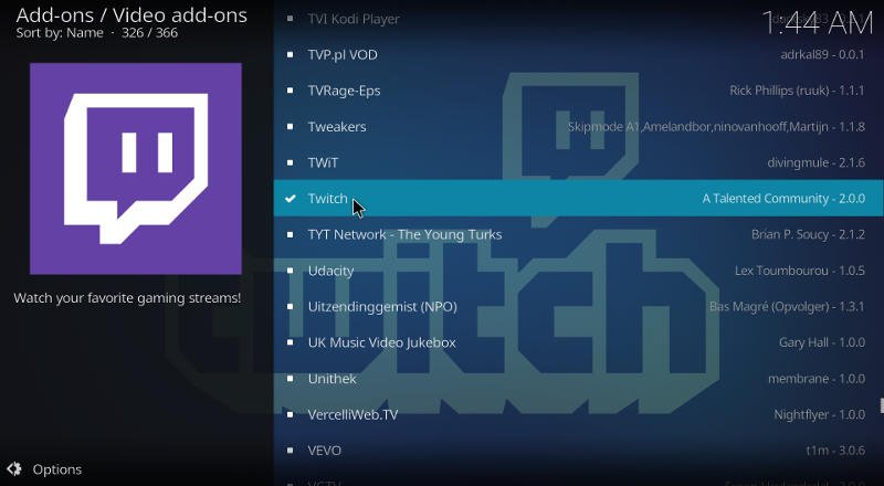 Дополнение Kodi Twitch