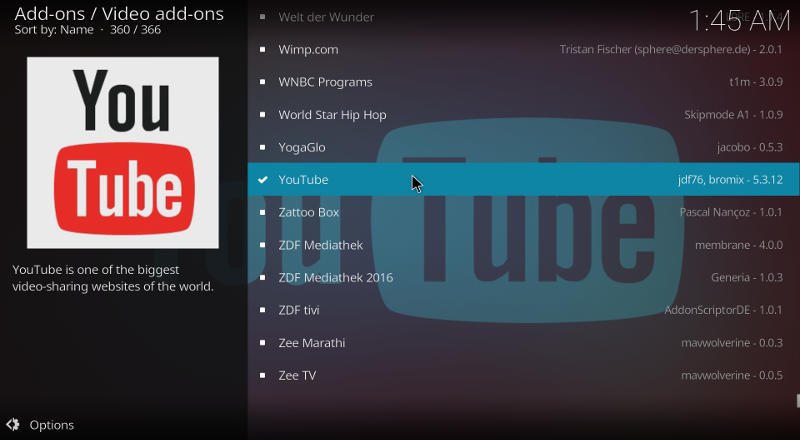 Дополнение Kodi для YouTube