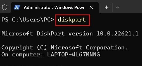 Набрав diskpart в Windows PowerShell,