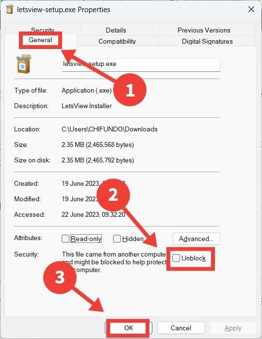 Разблокировка приложения в Windows в диалоговом окне «Свойства».