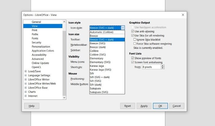 Снимок экрана, показывающий параметры выбора набора значков в LibreOffice.