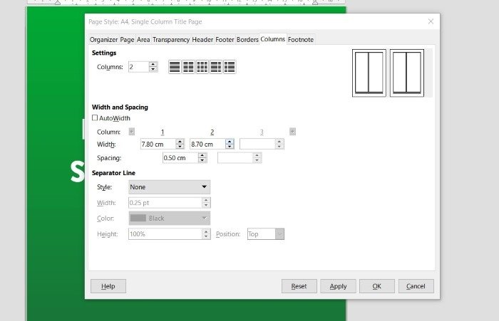 Снимок экрана, показывающий настройку страницы LibreOffice 7 с переменной шириной столбцов.