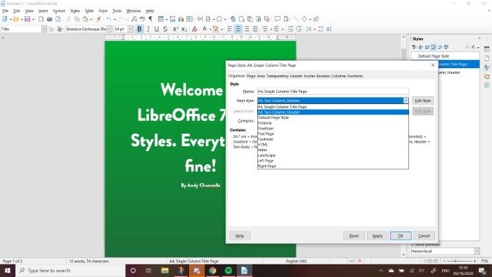 Снимок экрана вкладки «Органайзер» в LibreOffice Writer 7.