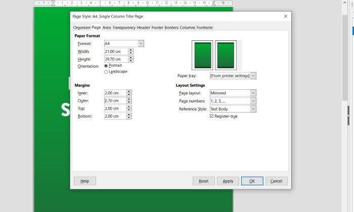 Снимок экрана, показывающий параметры конфигурации главной страницы в редакторе стилей страниц LibreOffice 7.