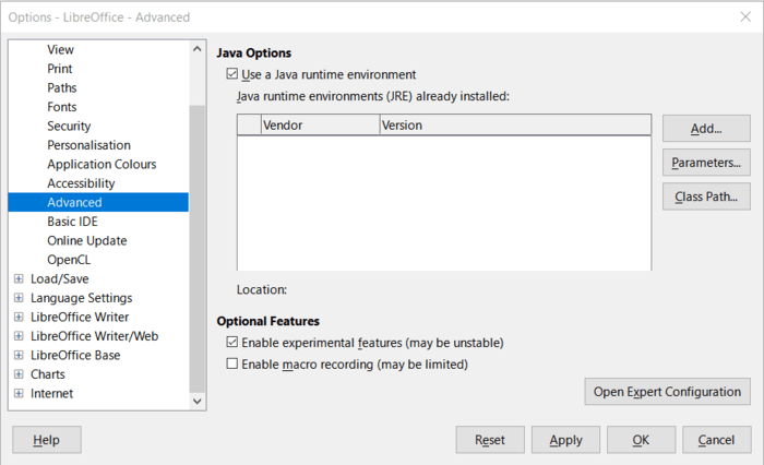 Изображение, показывающее раздел «Дополнительно» меню инструментов LibreOffice 7.