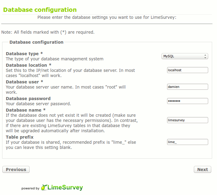 конфигурация базы данных Limesurvey