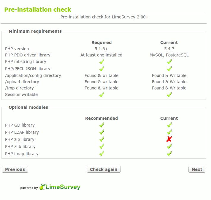 проверка требований системы Limesurvey