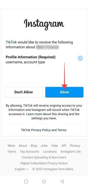 «Разрешить» TikTok получать информацию из Instagram.