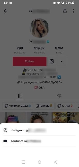 Параметры профиля Instagram/YouTube на TikTok.